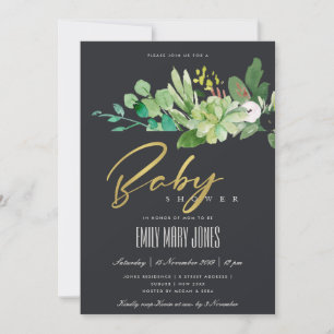 BLACK SUCCULENT FOLIAGE WATERCOLOR BABY SHOWER INVITATION