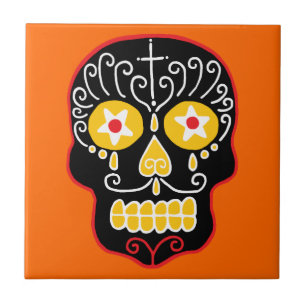Black Sugar Skull Ceramic Tile