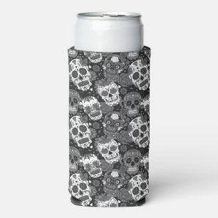 Black sugar skull floral ornamental pattern seltzer can cooler