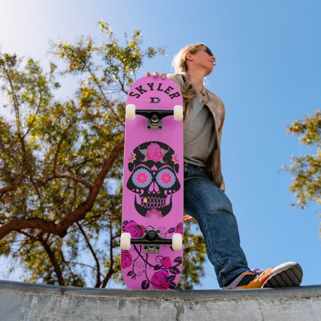 Black Sugar Skull on Pink Dd Brand  Skateboard (Outdoor 1)