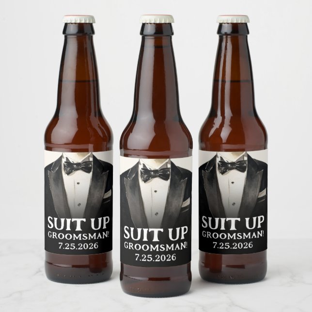 Black Suit Groomsman Proposal Beer Labels Suit Up (Bottles)