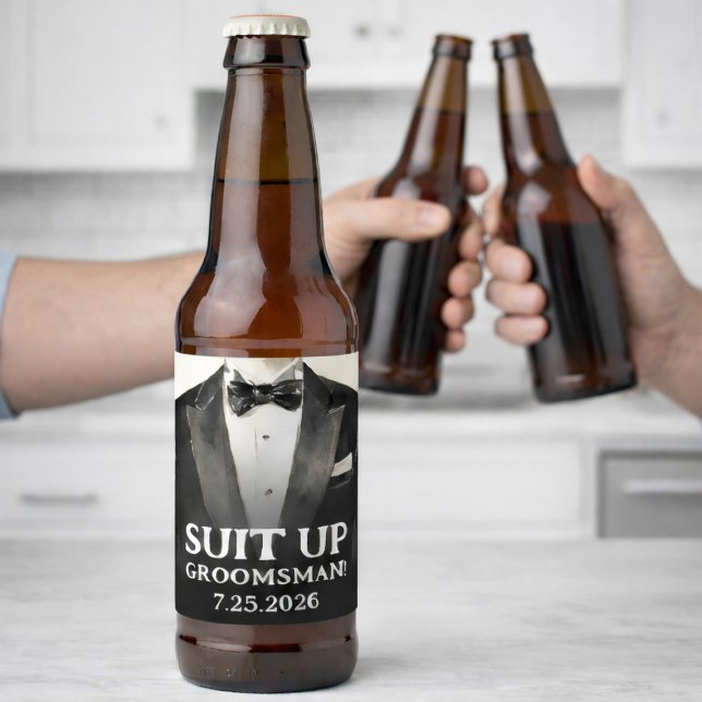 Black Suit Groomsman Proposal Beer Labels Suit Up (Creator Uploaded)