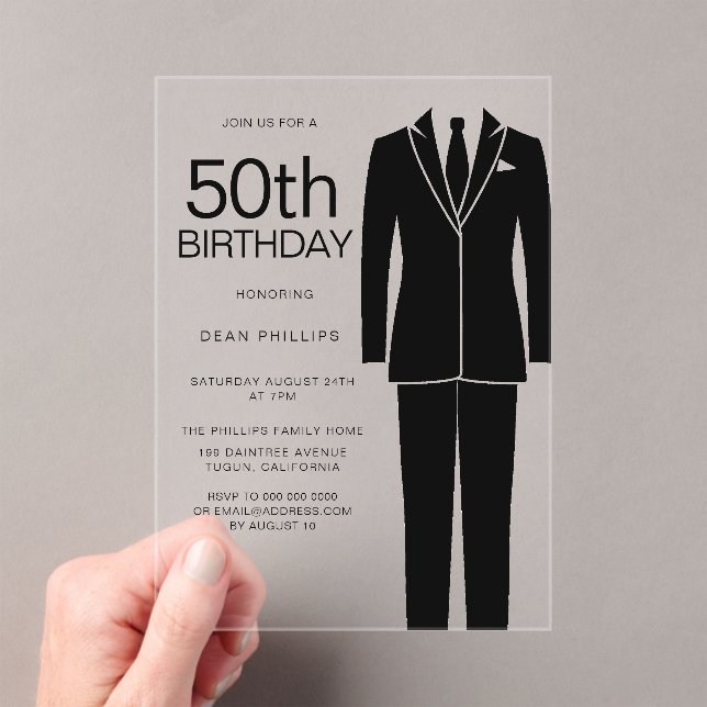 Black Suit Sophisticated Mens 50th Birthday Party Acrylic Invitations (Insitu (Handheld))