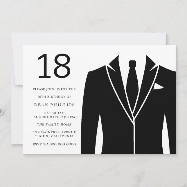 Black Suit & Tie 18th Birthday Party Invitation (Front)