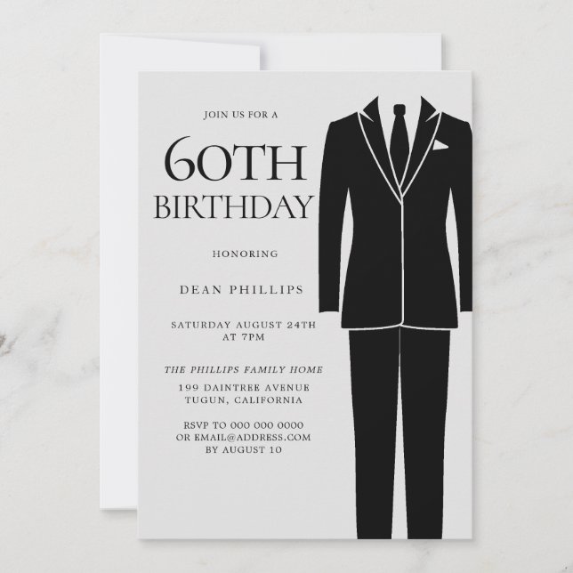 Black Suit & Tie Mens 60th Birthday Party Invitation (Front)