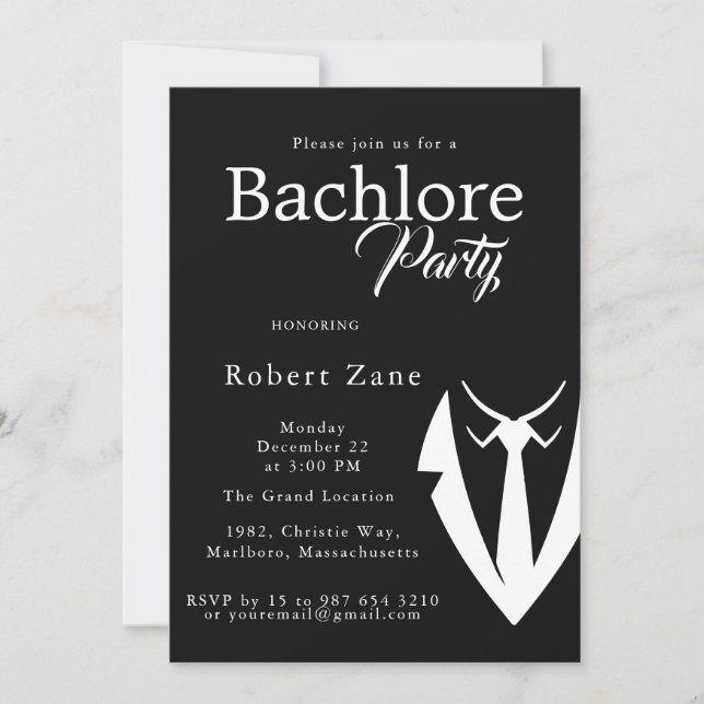 Black Suit & Tie Men's Bachelor Party Invitation (Front)
