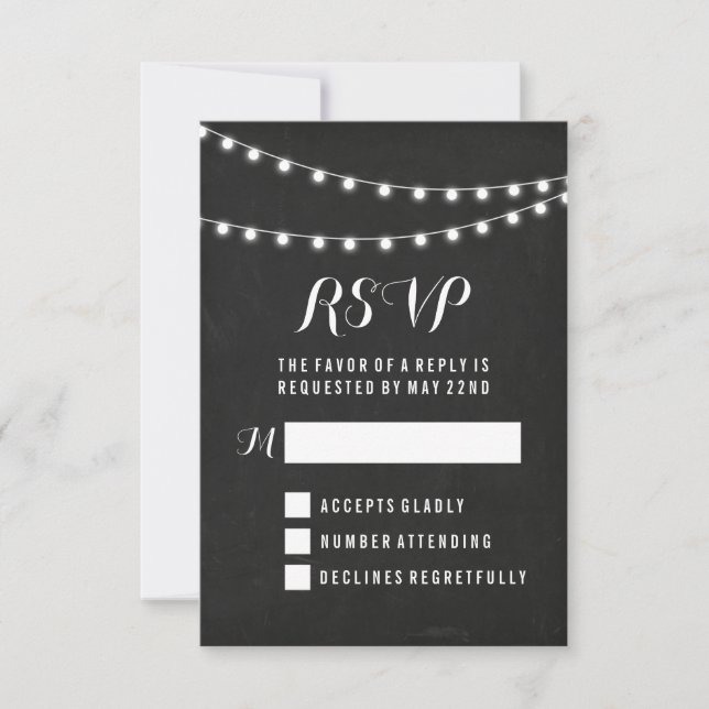 Black Summer String Light Wedding RSVP Card (Front)