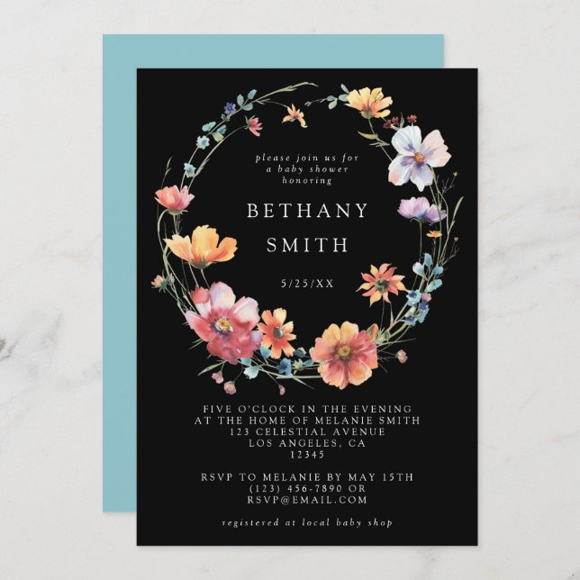 Black Summer Wildflower Baby Shower Invitation (Front/Back)