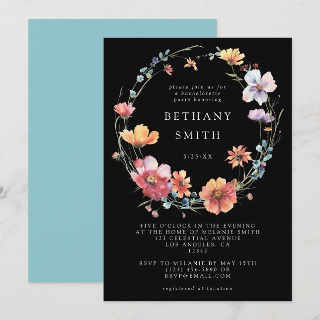 Black Summer Wildflower Bachelorette Party Invitation (Front/Back)
