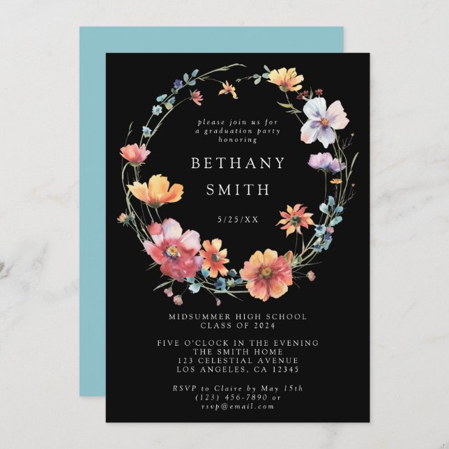 Black Summer Wildflower Graduation Party Invitation (Front/Back)