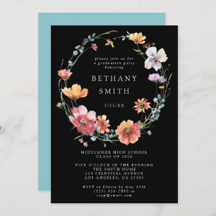 Black Summer Wildflower Graduation Party Invitation