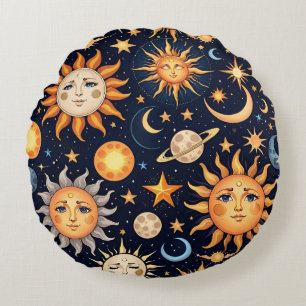 Black Sun and Moon Round Cushion