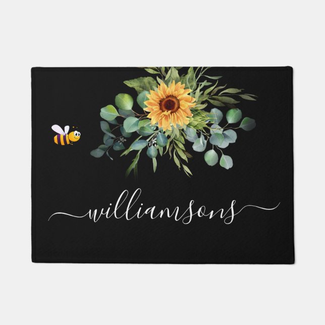 Black sunflower eucalyptus bee name script doormat (Front)