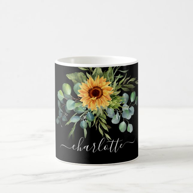 Black sunflower eucalyptus greenery name script coffee mug (Center)
