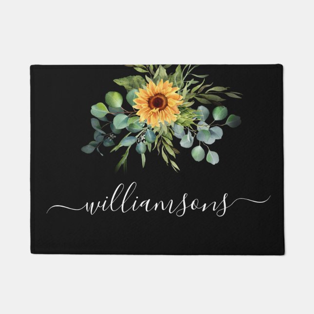 Black sunflower eucalyptus greenery name script doormat (Front)