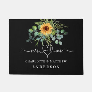 Black sunflower eucalyptus greenery names mr mrs doormat