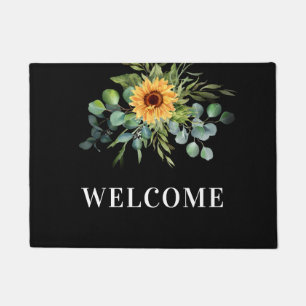Black sunflower eucalyptus greenery welcome doormat