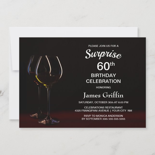 Black Surprise 60th Birthday Wine Glass Party Invitation (Front)