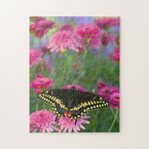 Black Swallowtail Butterfly on Dark Pink Flower Jigsaw Puzzle