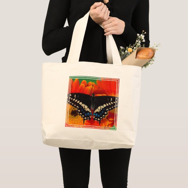 Black Swallowtail Butterfly on Gerberia Daisy Large Tote Bag (Front (Product))