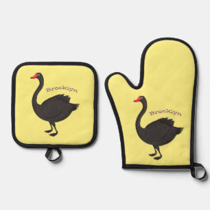 Black swan cartoon illustration oven mitt & pot holder set