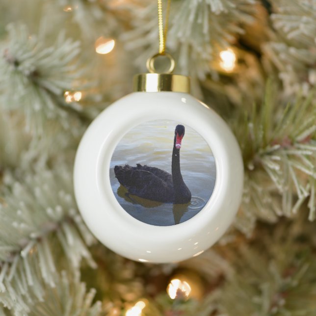 Black Swan Swimming On The River, Ceramic Ball Christmas Ornament (Tree)
