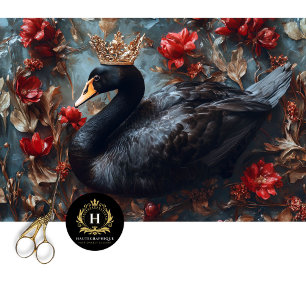 Black Swan with Golden Crown Red Florals Decoupage Tissue Paper