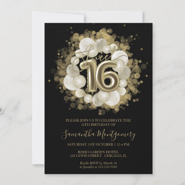 Black Sweet 16 Gold Watercolor Balloons Invitation (Front)