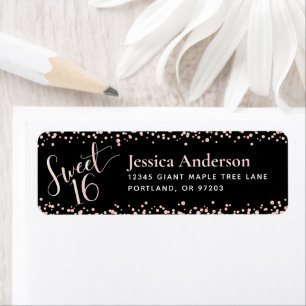 Black Sweet 16 Pink Rose Gold Birthday Address Return Address Label