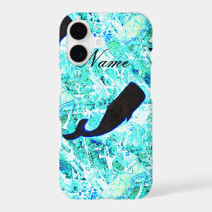 black swimming whale blue