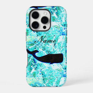 black swimming whale blue iPhone 16 pro case