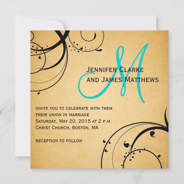Black Swirl Aqua Monogram Wedding Invitations (Front)