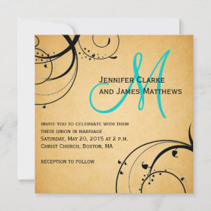 Black Swirl Aqua Monogram Wedding Invitations