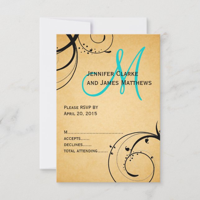 Black Swirl Aqua Monogram Wedding RSVP (Front)
