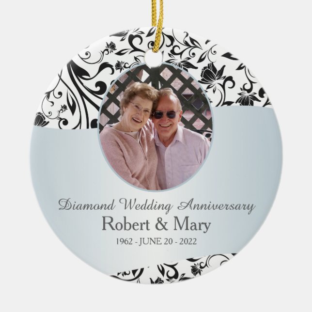 Black Swirl Diamond 60th Wedding Anniversary Photo Ceramic Ornament (Front)