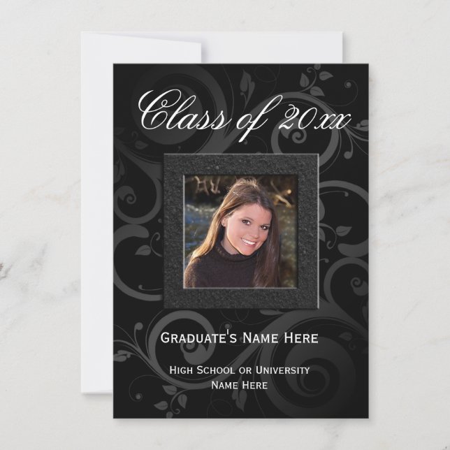Black Swirl Elegant Photo Graduation Invitation (Front)