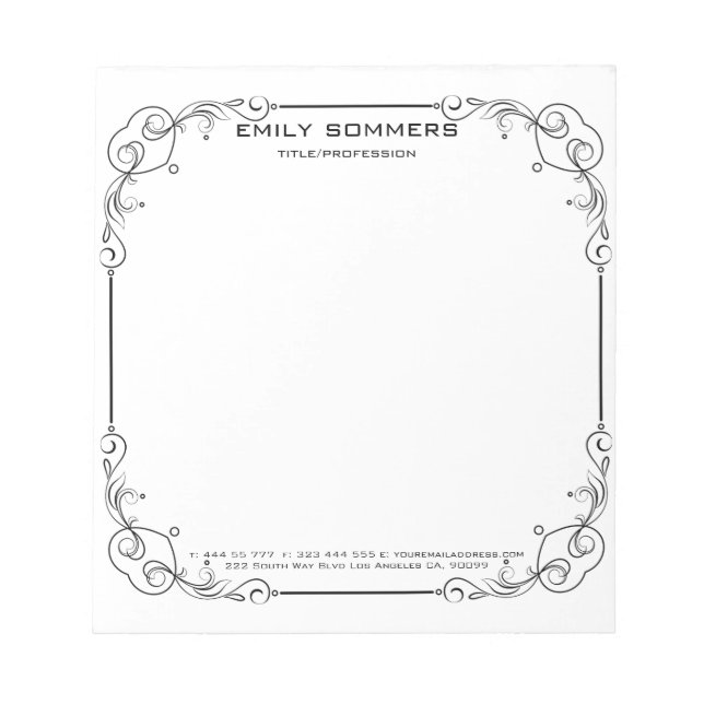 Black Swirl Floral Border Notepad (Front)