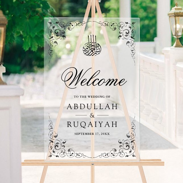Black Swirl Frame Muslim Wedding Welcome Frosted Acrylic Sign (Creator Uploaded)