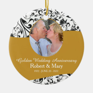 Black Swirl & Gold 50th Wedding Anniversary Photo Ceramic Ornament