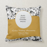 Black Swirl & Gold 50th Wedding Anniversary Photo Cushion<br><div class="desc">This golden wedding anniversary pillow features a black swirl damask pattern as the background,  a gold wavy stripe across the centre and an oval customisable photo frame. Customisable text allows you to add the names of the couple and the wedding date.</div>