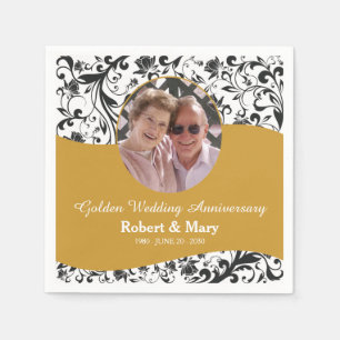 Black Swirl & Gold 50th Wedding Anniversary Photo Napkin