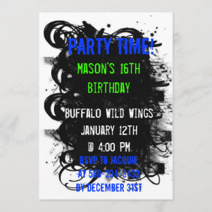 Black Swirl Grunge, Party Time!, Mason's 16th B... Invitation