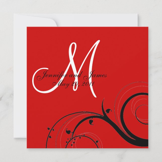 Black Swirl Monogram Red Wedding Invitation (Front)