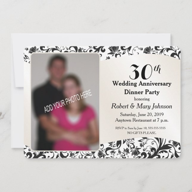 Black Swirl & Pearl 30th Wedding Anniversary Photo Invitation (Front)