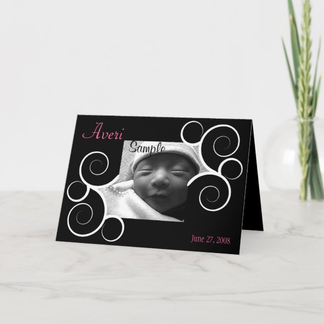 Black Swirl photo Birth Announcement (Front)