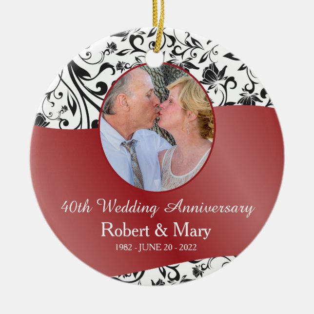 Black Swirl & Red 40th Wedding Anniversary Photo Ceramic Ornament (Front)
