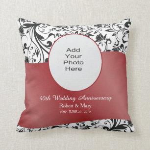 Black Swirl & Red 40th Wedding Anniversary Photo Cushion