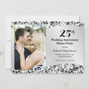 Black Swirl & Silver Wedding Anniversary Photo Invitation