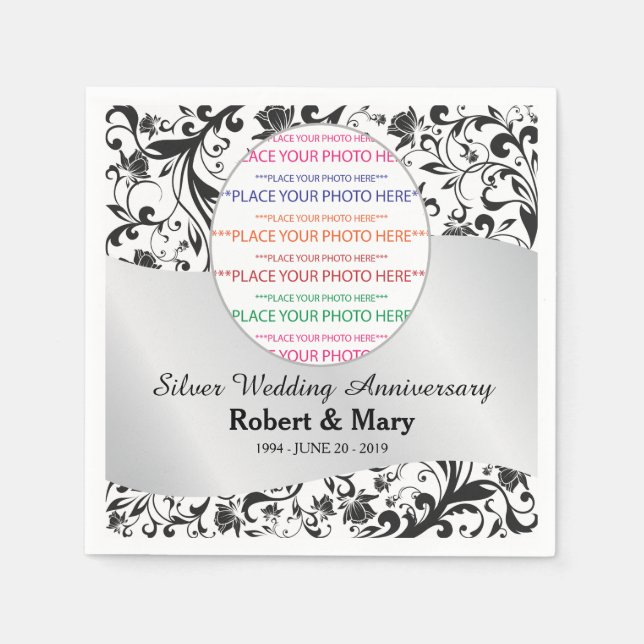 Black Swirl & Silver Wedding Anniversary Photo Napkin (Front)