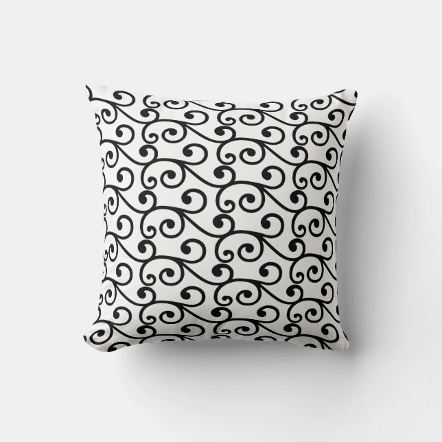 Black Swirl Vector Pattern on White Cushion (Front)